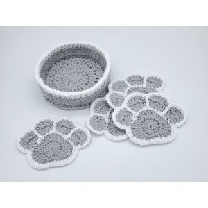 Crochet paw‎ print coasters and basket set, housewarming gift for couples